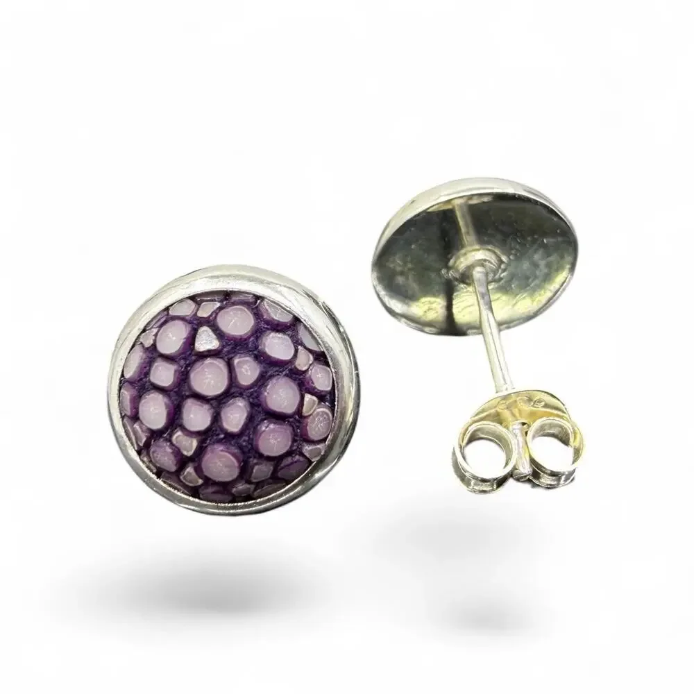 Purple Stingray Leather Stud Earrings 925 Sterling Silver Ocean Fish Posts